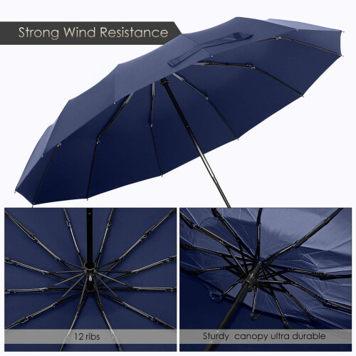 2X 12 Ribs Windproof Travel Umbrella with PTFE Canopy, Lengthened Handle with Auto Open Close Button,() 1