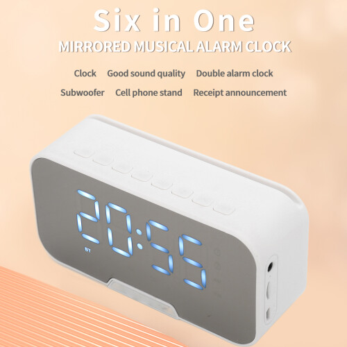 Mirror Alarm Clock Speaker White 1200mAh BT5.3 2