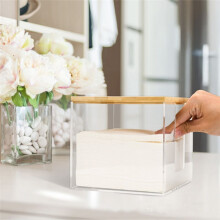 Porta Toallas Faciales Desechable, Contenedor Acrílico para el Clean Skin Club XL, Gran Capacidad con Tapa de Bambú.