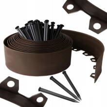 BROWN Plastic, Flexible Landscape Lawn Edging, 10m Length with 20 Pegs, 4cm High