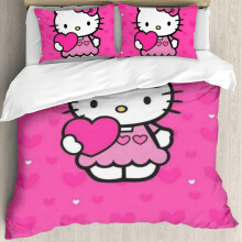 (135CM X 200CM) Hello Cat Kitty Pink Heart Cartoon Style Duvet Cover Set Cotton Bed Cover
