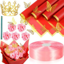 74 Pieces DIY Artificial Roses Bouquet Fake Ribbon Flowers Bouquet 1-1/2Inch Satin Ribbon Gold Wrapping Paper