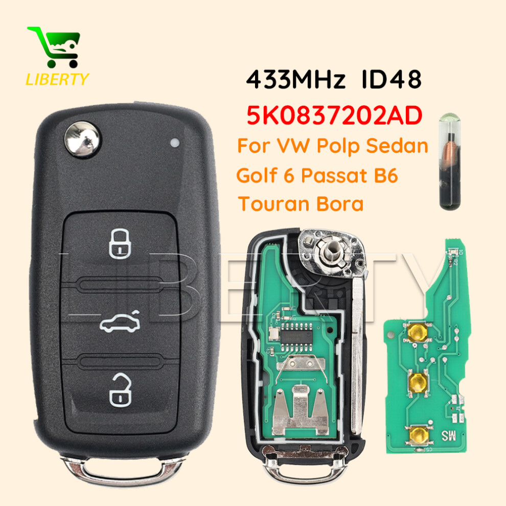For Vw Volkswagen Golf Passat Tiguan Polo Jetta Beetle Skoda Seat Car 5K0837202ad 2/3 Button Remote Flip Key 434Mhz Id48 Chip 6935161692297
