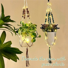 Plant Hanger with LED, Indoor Hanging Planter Basket with Wood Beads, Handmade 37 Inch Decorative Flower Pot Holder 2Pcs