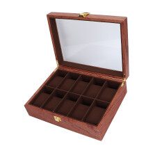 10 Slots Watch Display Case with Glass Lid, Wood Organizer, 26.5x20x8cm