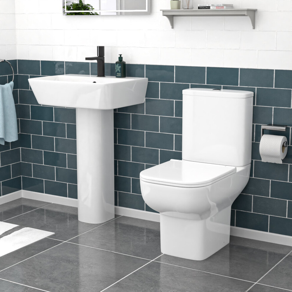 White 560Mm Square Modern Full Pedestal Basin With Toilet 9552136937107