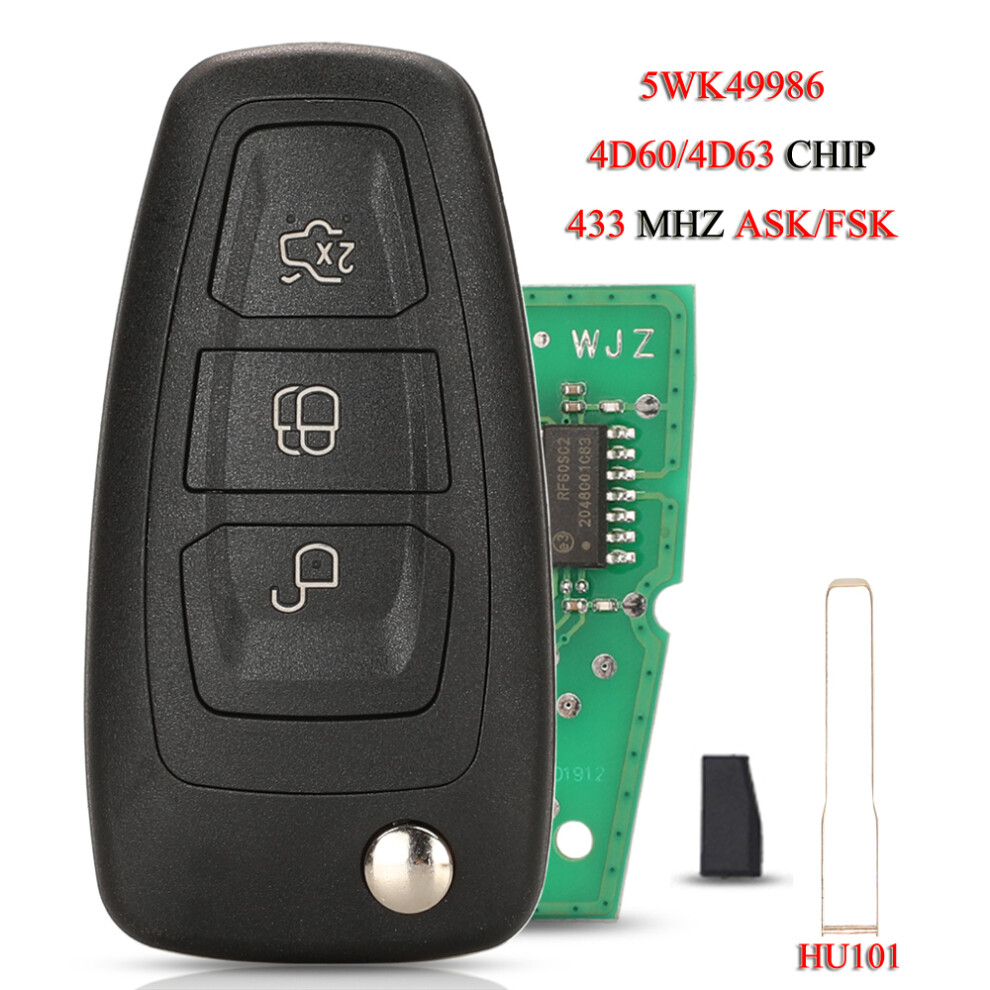 5Wk49986 Remote Smart Car Key For Ford C-Max Focus Fiesta Galaxy Mondeo Ask/Fsk 434Mhz 4D60/4D63 Chip 3Buttons Hu101 6935161680614