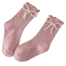Pink L Mid Calf Socks with Pearl Bow, 16-19 cm