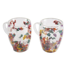 2 Peças Recheios Flores Secas Copo de Vidro de Parede Dupla com Alça Resistente Ao Calor Bebida Quente Fria Chá Café Caneca Isolada