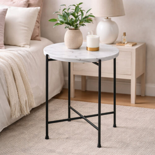 Modern Round Side Table White Marble Top & Metal Frame Bedside Table 1