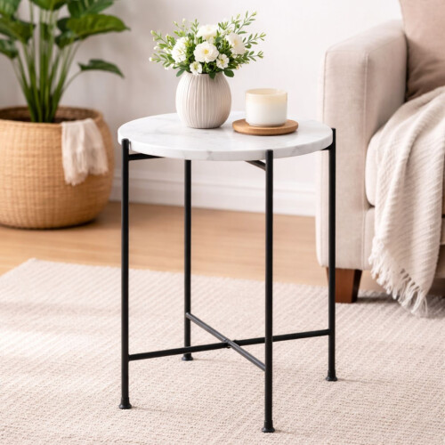 Modern Round Side Table White Marble Top & Metal Frame Bedside Table 2