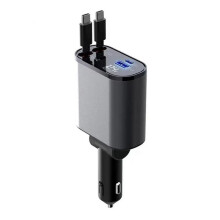 Retractable Car Charger 4-In-1 Fast Charger with Dual Type-C Cables and 2 Charging  with Voltage Display