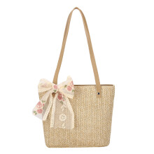 Summer Leisure Straw Woven Large Capacity Underarm Shoulder Bag Fashion Floral Ribbon Ladies Shopping Handbag(Khaki)