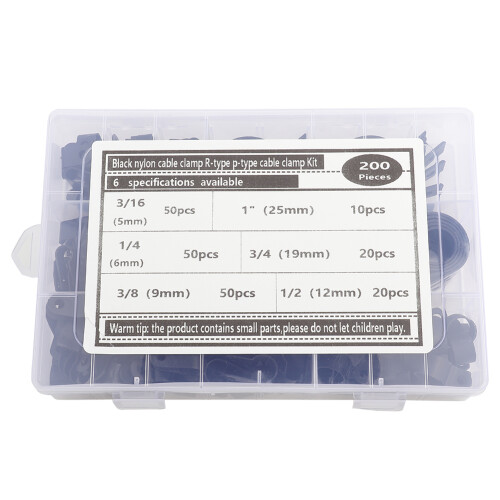 Black Plastic Nylon Cable Clamp Set 200pcs R & P Type Wire Script Fasteners 1