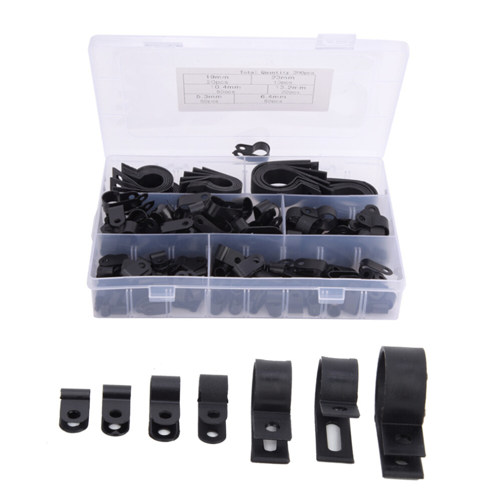 200 Pcs P Type & R Type Cable Clamps Black