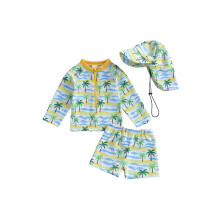 (12-18 Months, Lemon Yellow) Toddler Boy Rash Guard Swimsuit Palm Tree Pattern Long Sleeve Round Neck Tops and Shorts Hat Set for Pool Beach