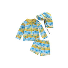 (0-6 Months, Yellow) Toddler Boy Rash Guard Swimsuit Palm Tree Pattern Long Sleeve Round Neck Tops and Shorts Hat Set for Pool Beach