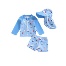 (4-5 Years, Blue) Baby Boy Rash Guard Swimsuits Long Sleeve Shark/Sailboat Print Bathing Suit Swimwear with Hat