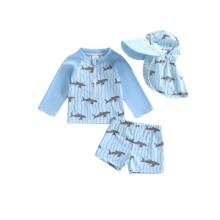 (6-12 Months, Sky Blue) Baby Boy Rash Guard Swimsuits Long Sleeve Shark/Sailboat Print Bathing Suit Swimwear with Hat