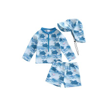 (18-24 Months, Sky Blue) Toddler Boy Rash Guard Swimsuit Palm Tree Pattern Long Sleeve Round Neck Tops and Shorts Hat Set for Pool Beach