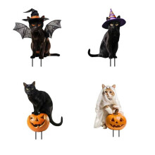 4PCS Halloween Decorations Outdoor Cute Cat Yard Sign with Pumpkin Metal Cat Decor for Yard Garden Lawn Ornaments
