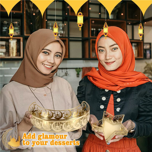 Bandejas de Serviço Ramadan Metal Lua Estrela Forma Eid Mubarak Islam Bandeja de Serviço de Comida Muçulmana 1