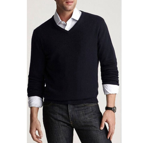 Herren Dunkelblauer Baumwoll-V-Ausschnitt-Pullover, Slim Fit, Brust 124 cm