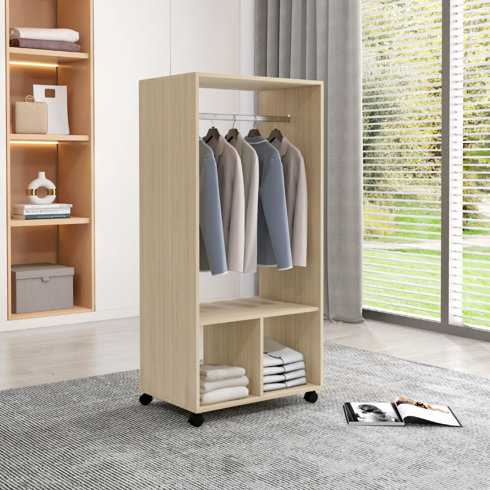 Homcom Mobile Open Wardrobe Clothes Rail Storage Shelves Bedroom Natural