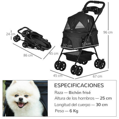 PawHut Cochecito para Perro Negro 67 x 45 x 96 cm 2