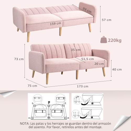 Homcom Sofá Cama Rosa 173 x 75 x 73 cm 2