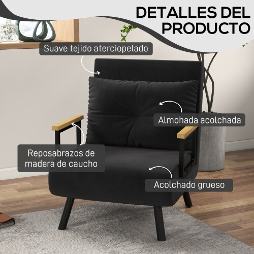 Homcom Sofá Cama Individual Negro 63 x 73 x 81 cm 1
