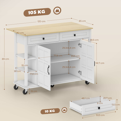 Homcom Isla de Cocina Blanco 120 x 65 x 89 cm 2