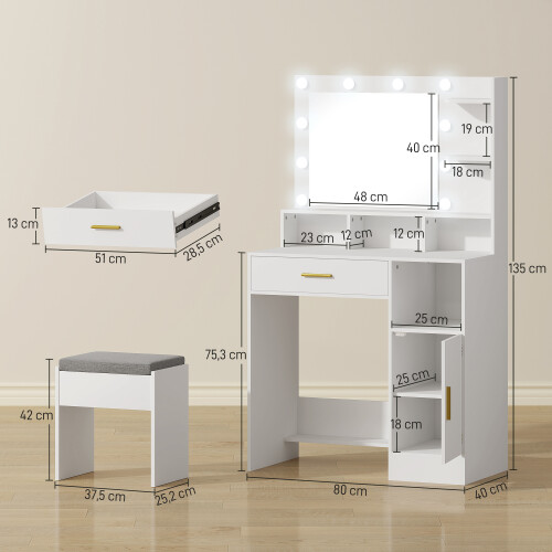 Homcom Tocador de Maquillaje Blanco 80 x 40 x 135 cm 2