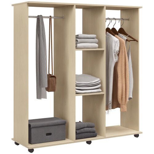 Homcom HOMCOM Mobile Double Open Wardrobe w/ Clothes Hanging Rail Colthing Natural 1