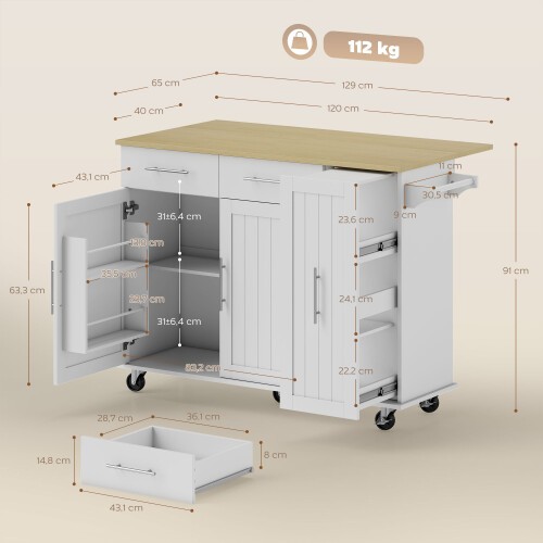 Homcom Isla de Cocina Blanco 129 x 65 x 91 cm 2