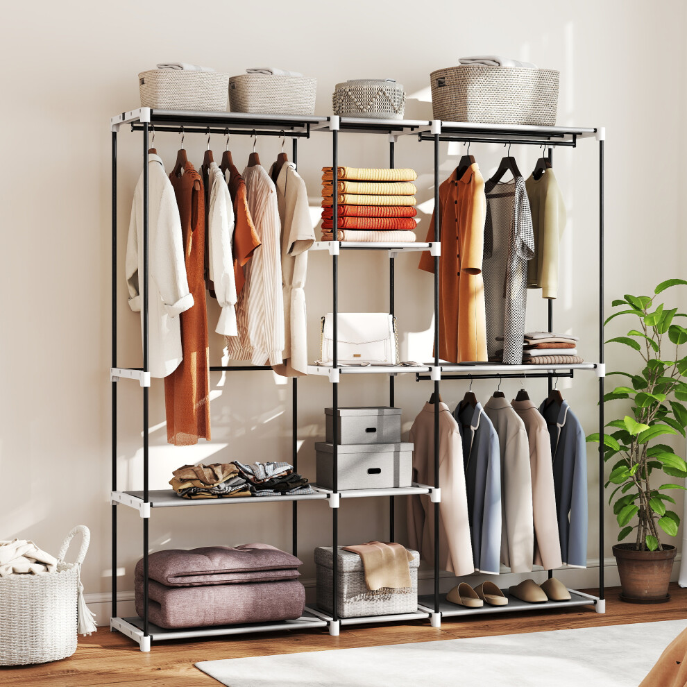 Homcom Open Portable Wardrobe, Clothes Rack With 8 Shelves, Light Grey