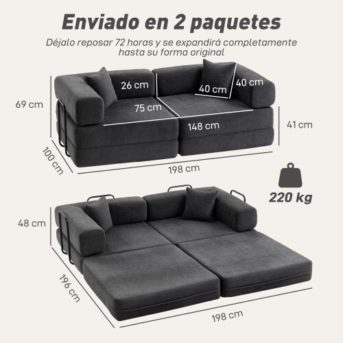 Homcom Sofá Cama Gris 198 x 100 x 69 cm 2