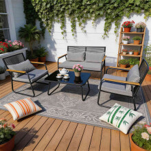 BIRCHTREE Garden Furniture Set 4-Seater With Glass Coffee Table Rattan 4 Pieces