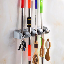 Wall Mounted Broom Mop Holder Rack with 4 or 5 Slots and Hooks in Grey