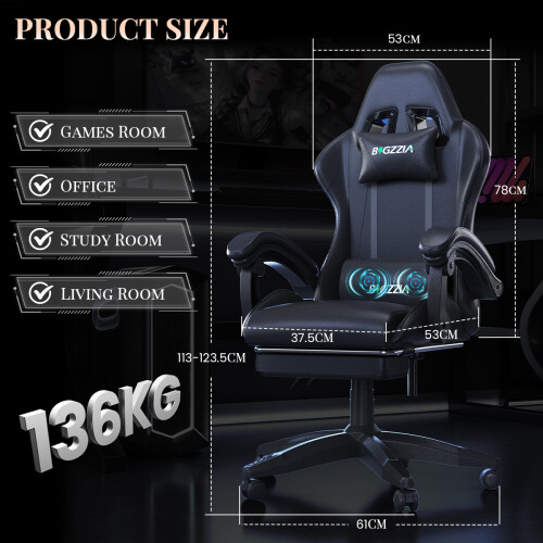 (Black)Massage Gaming Chair Recliner with Footrest 1