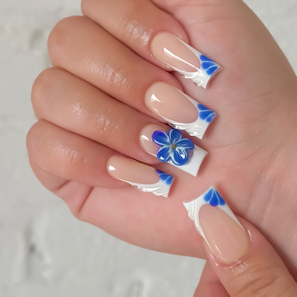 Reach-Tools 24Pcs Blue Flower French False Nails