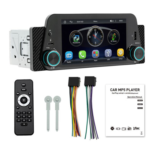 1 Din 5 Inch Car MP5 Navigation Player Stereo   Reverse Car Interconnect Wireless Carplay+Android Auto