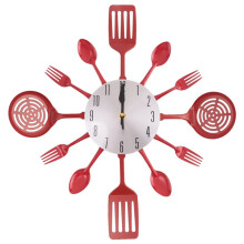 Horloge Murale de Cuisine de 16 Pouces avec CuillèRes et Fourchettes, Vaisselle 3D Horloge Murale DéCoration de la Maison (Rouge)