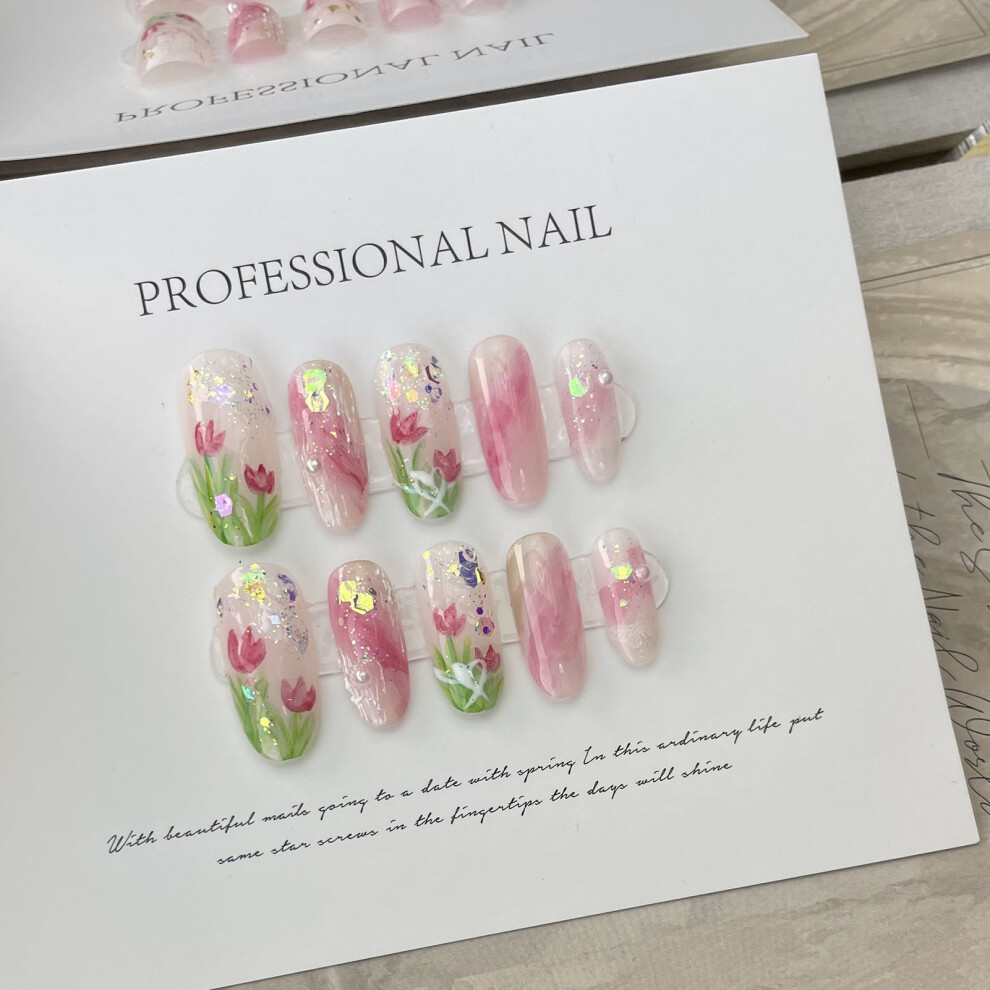 Bright-Home Pink (M) Smudging Fake Nails With Tulip Printed Easy To Apply Simple To Peel Off Nails For Daily And Parties Wearing