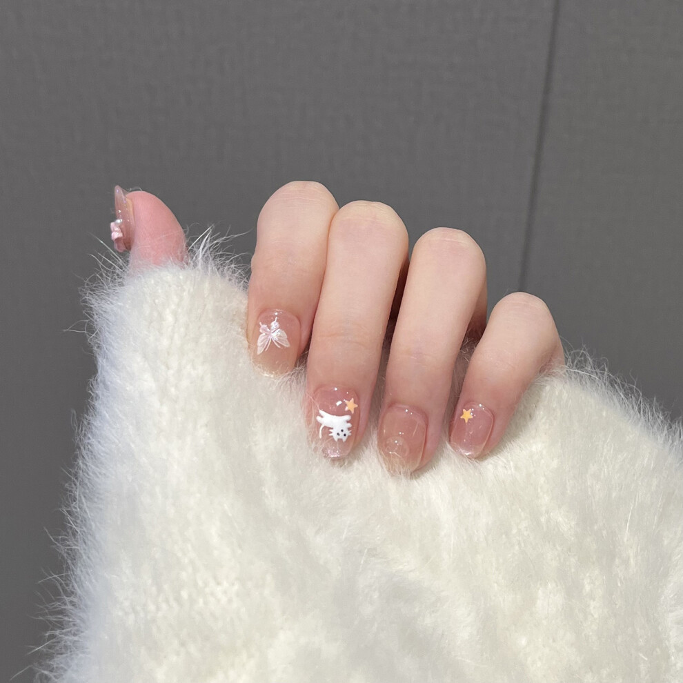 Hue-Grain (S) 10Pcs Kitty Print Fake Nails For Women