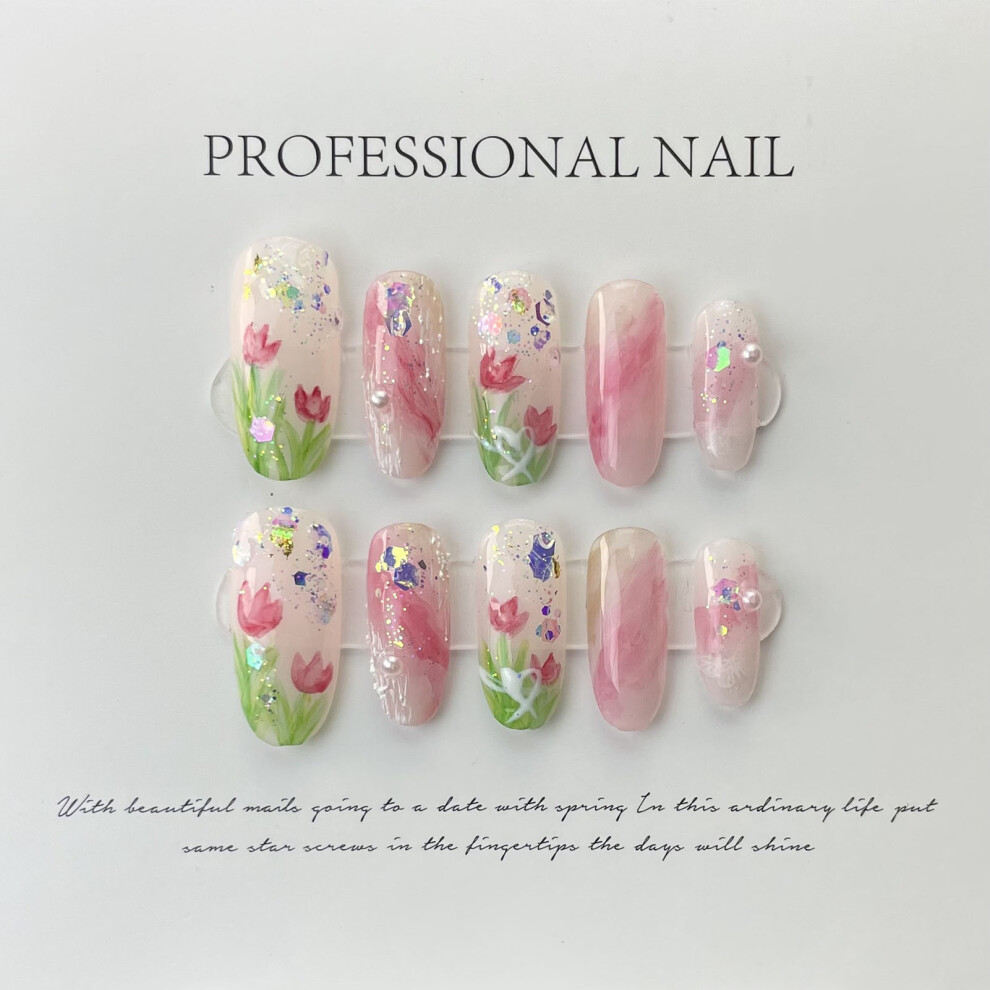 Roc-Electron (Xs) Pink Tulip Fake Nails, Easy Apply & Peel Off