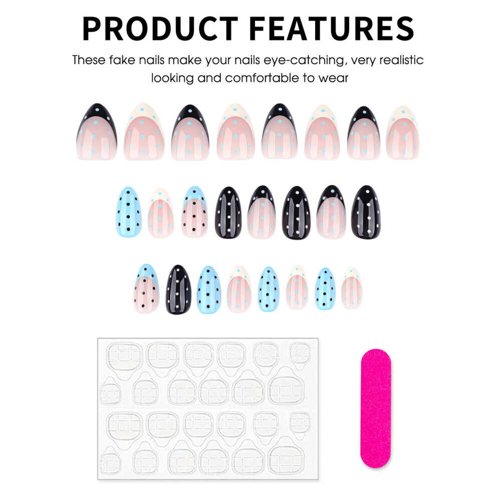 Penghui-Toys 24Pcs French Polka Dot Press On Nails Almond Shape Fake Nails For Daily Party Wedding