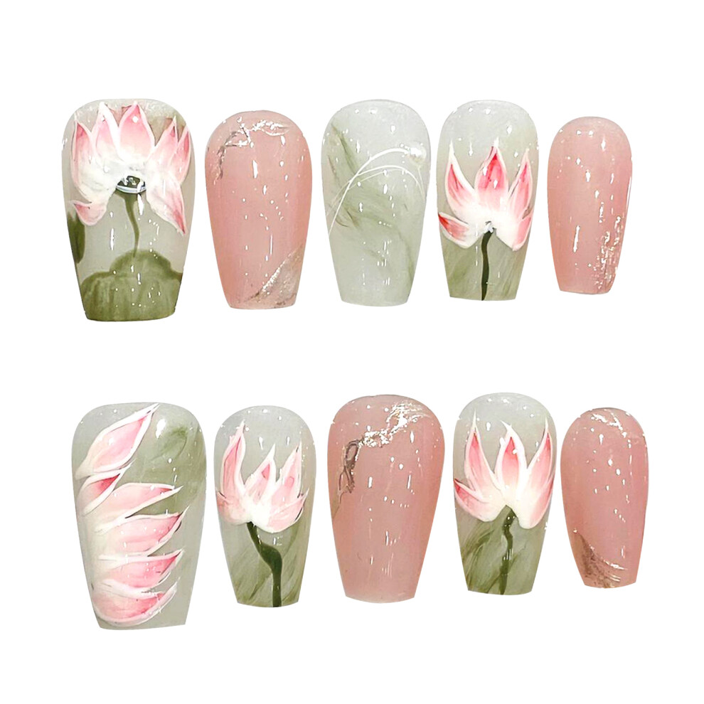 Penghui-Toys (Xs) Pink Fake Nails With Lotus Printed Natural Unbreakable Nail Simple Wear For Women And Girl Nail Salon