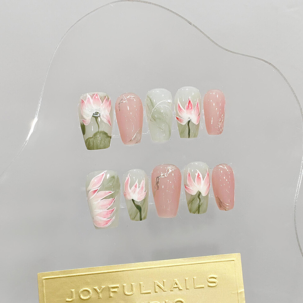 Penghui-Toys (S) Pink Fake Nails With Lotus Printed Natural Unbreakable Nail Simple Wear For Women And Girl Nail Salon