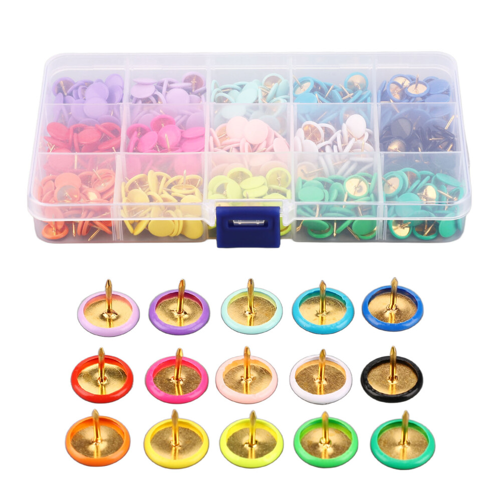 15 Color Plastic & Steel Thumb Tacks, Flat Head Push Pins With Clear Box 9341388434027